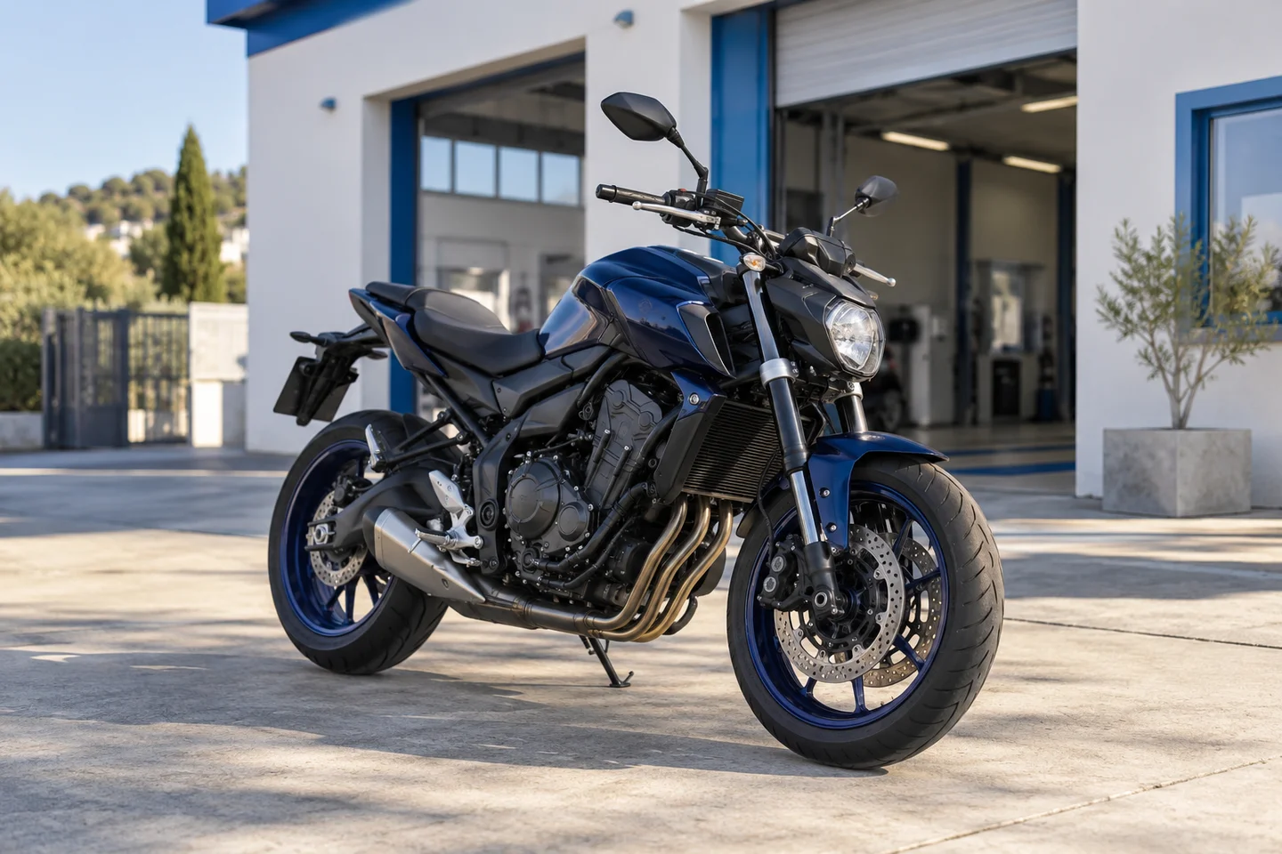 Image générée d’une moto bleu nuit devant un atelier